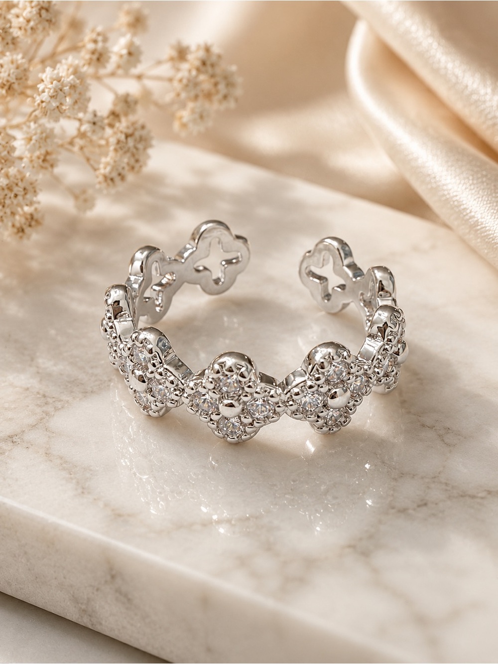 Stainless Steel Crystal Floral Open Ring - Women's Jewelry